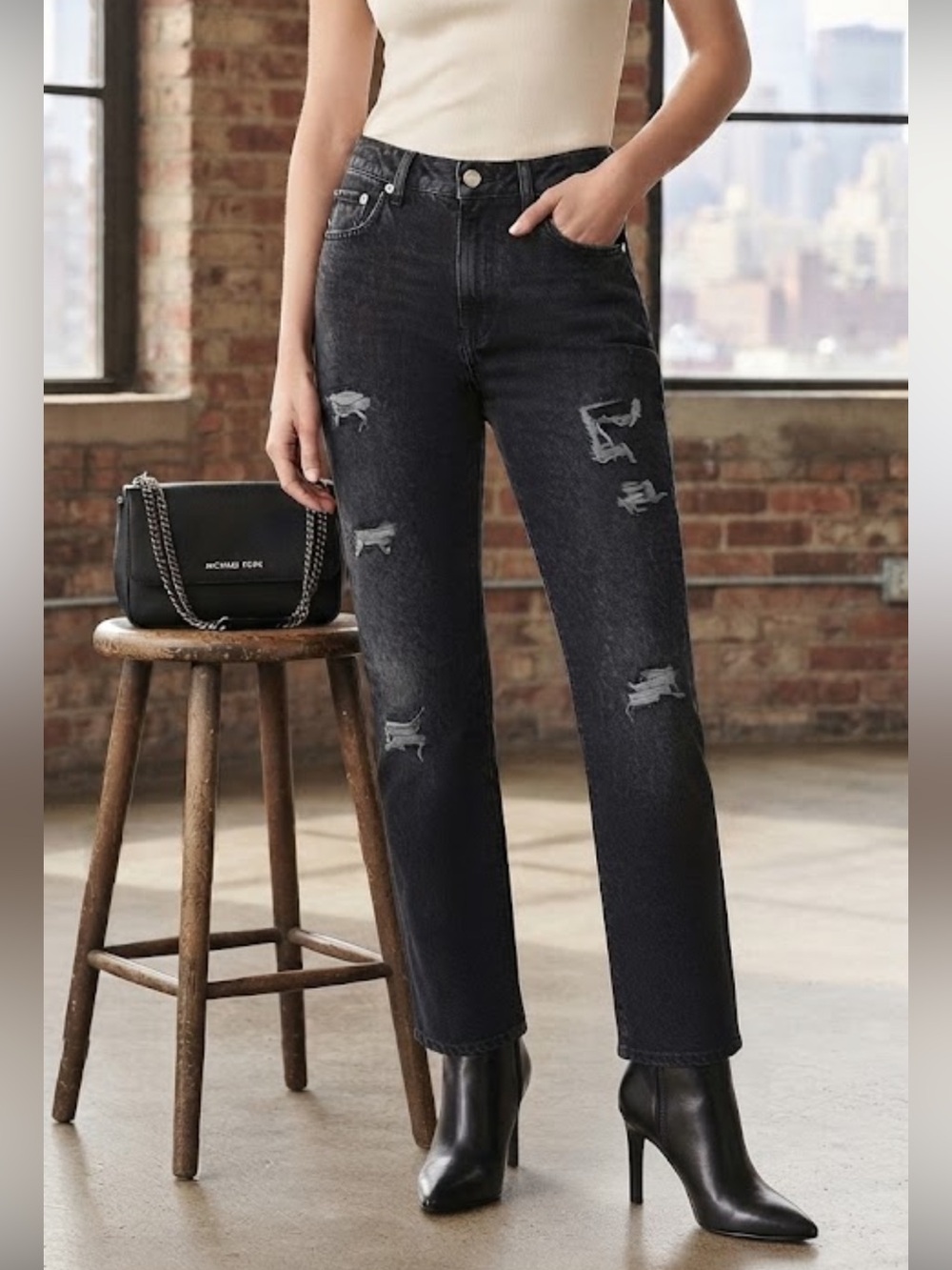 Vintage Michael Kors couture black distressed high waisted jeans made in Italy